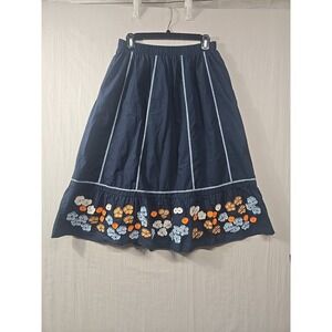 JOH Skirt Women's Large Embroidered‎ Flowers Elastic Waist Blue Bling Lined Midi